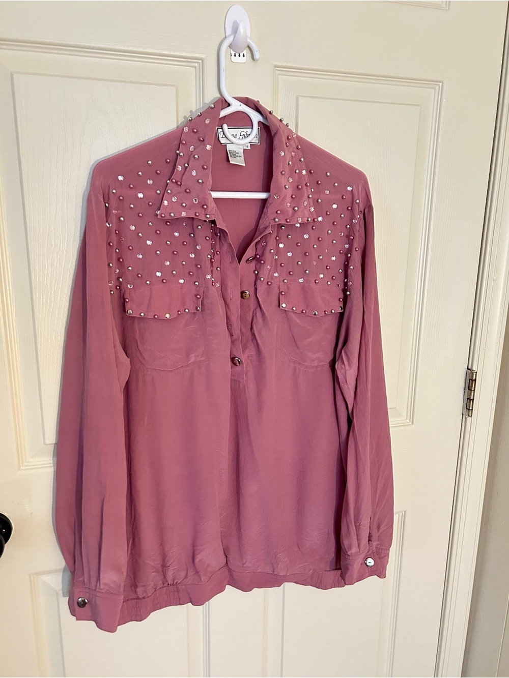 Vintage 100% Silk Blouse Size 1X Studded Petal Pink Western Rodeo Feminine